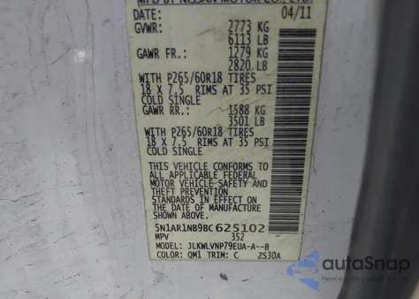 2011 Nissan Pathfinder Le z USA, uszkodzony, nr VIN 5N1AR1NB9BC625102